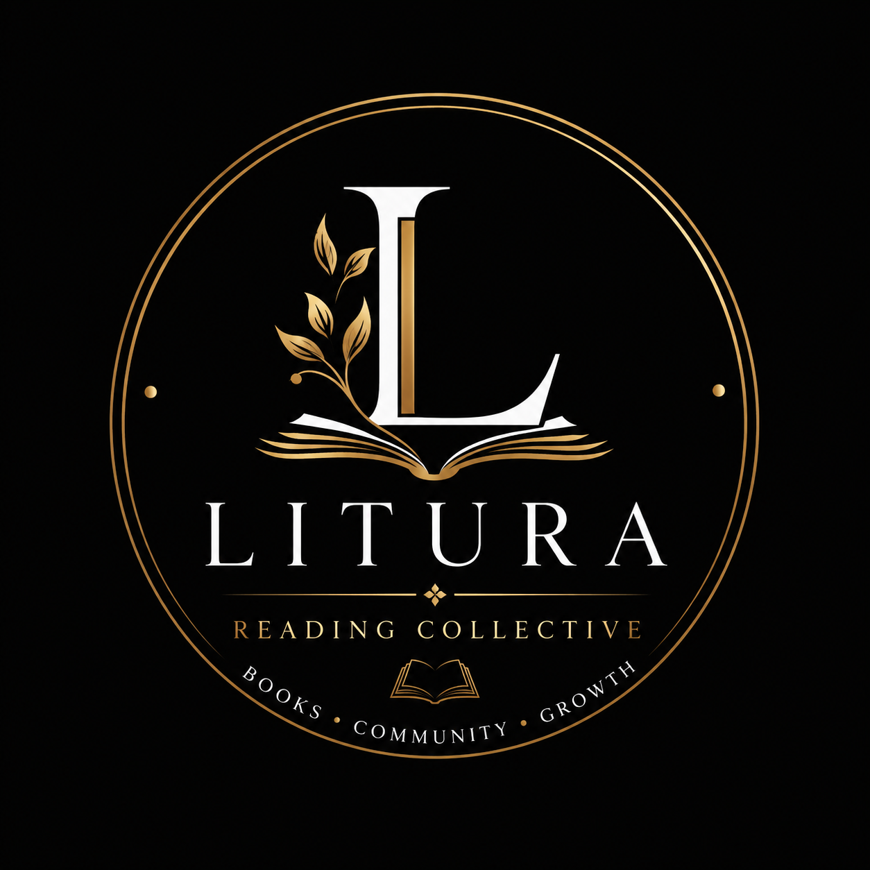 Litura Reading Collective emblem: an open book with a gilded laurel and the letter L